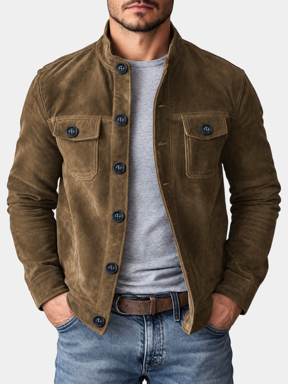 Vintage Suede Stand Collar Pocket Jacket