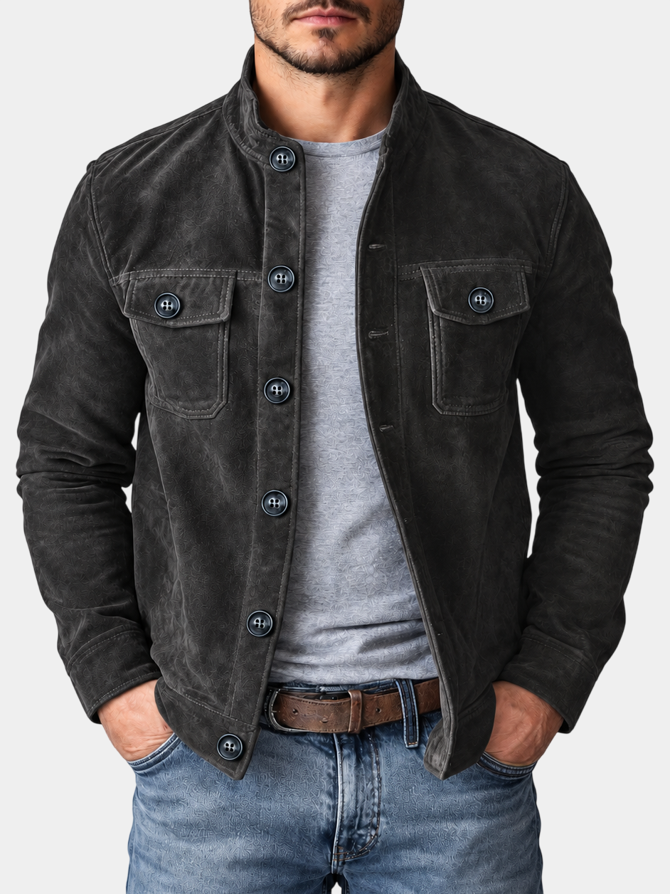 Vintage Suede Stand Collar Pocket Jacket