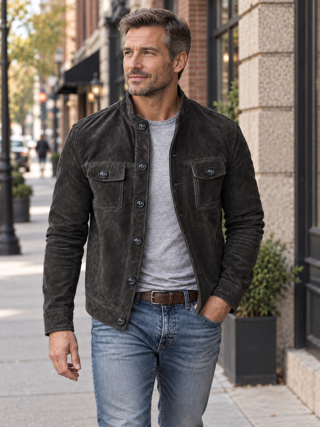 Vintage Suede Stand Collar Pocket Jacket