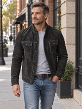Vintage Suede Stand Collar Pocket Jacket